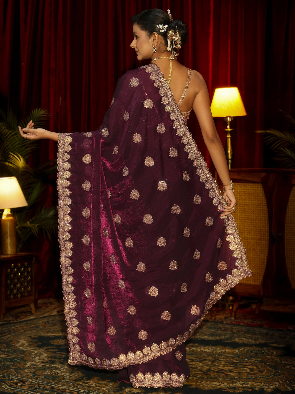 Mameraa Burgundy Floral Embellished Tissue Saree