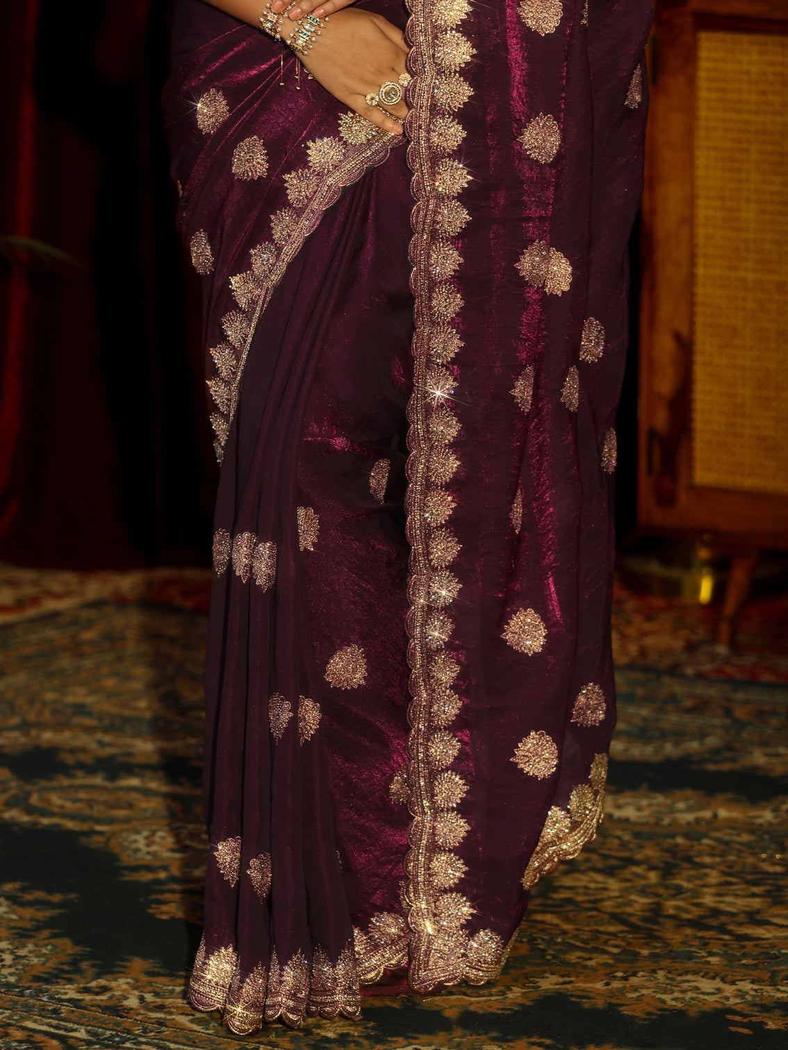 Mameraa Burgundy Floral Embellished Tissue Saree
