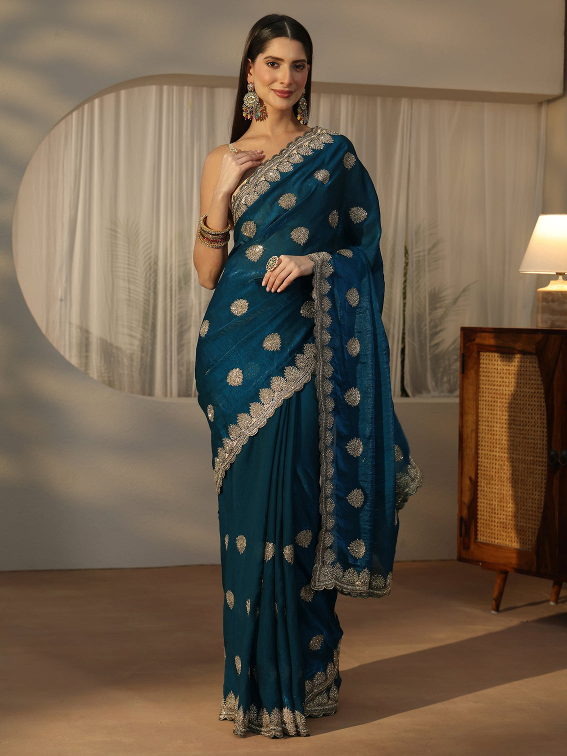Mameraa Teal Blue Embroidered Tissue Saree