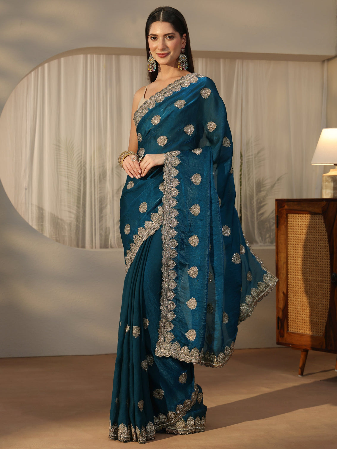 Mameraa Teal Blue Embroidered Tissue Saree