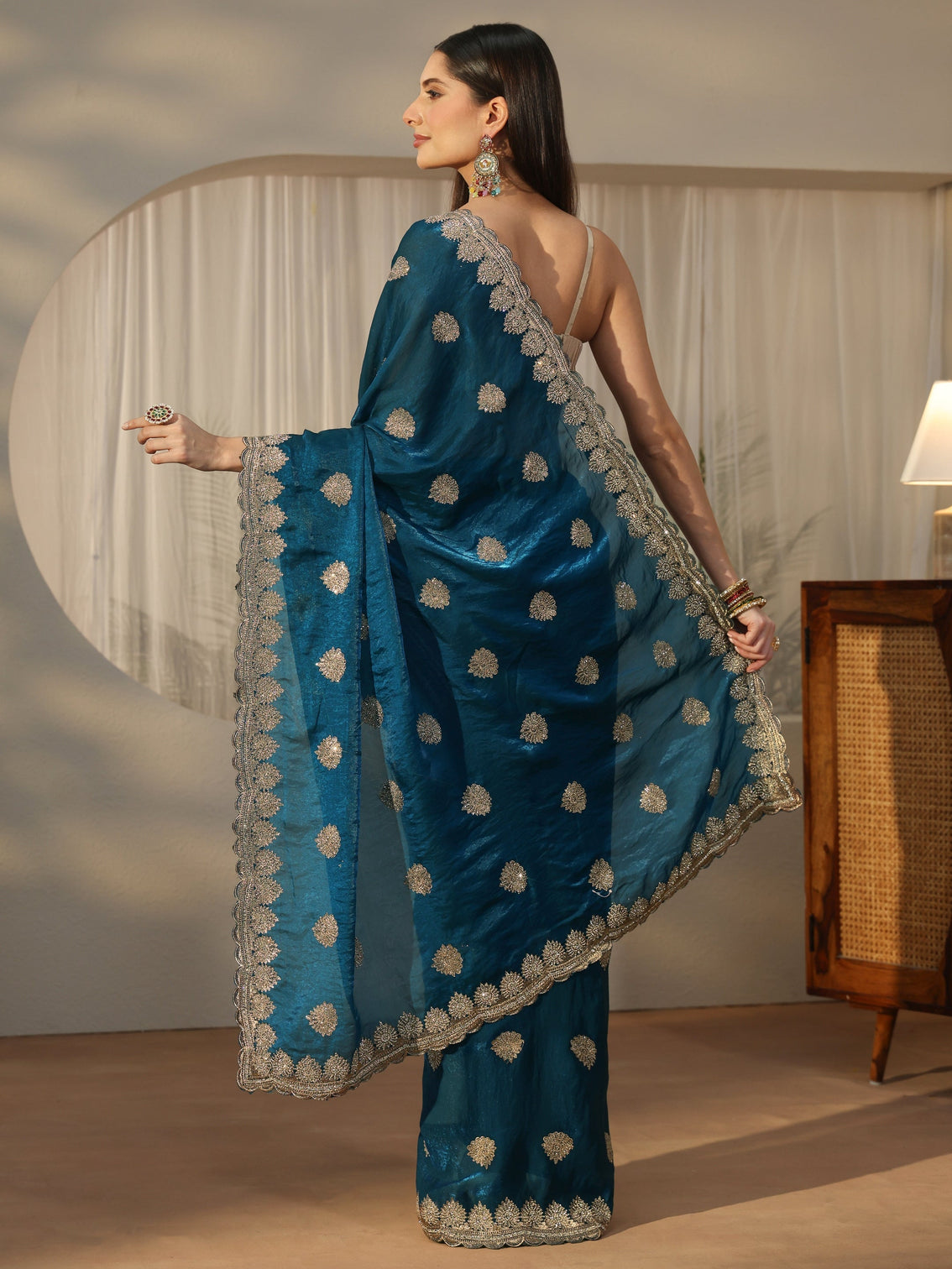 Mameraa Teal Blue Embroidered Tissue Saree