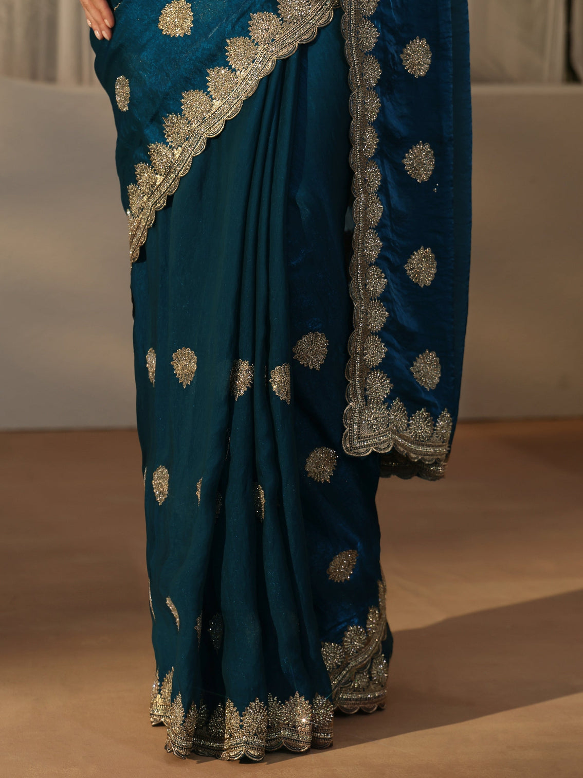Mameraa Teal Blue Embroidered Tissue Saree