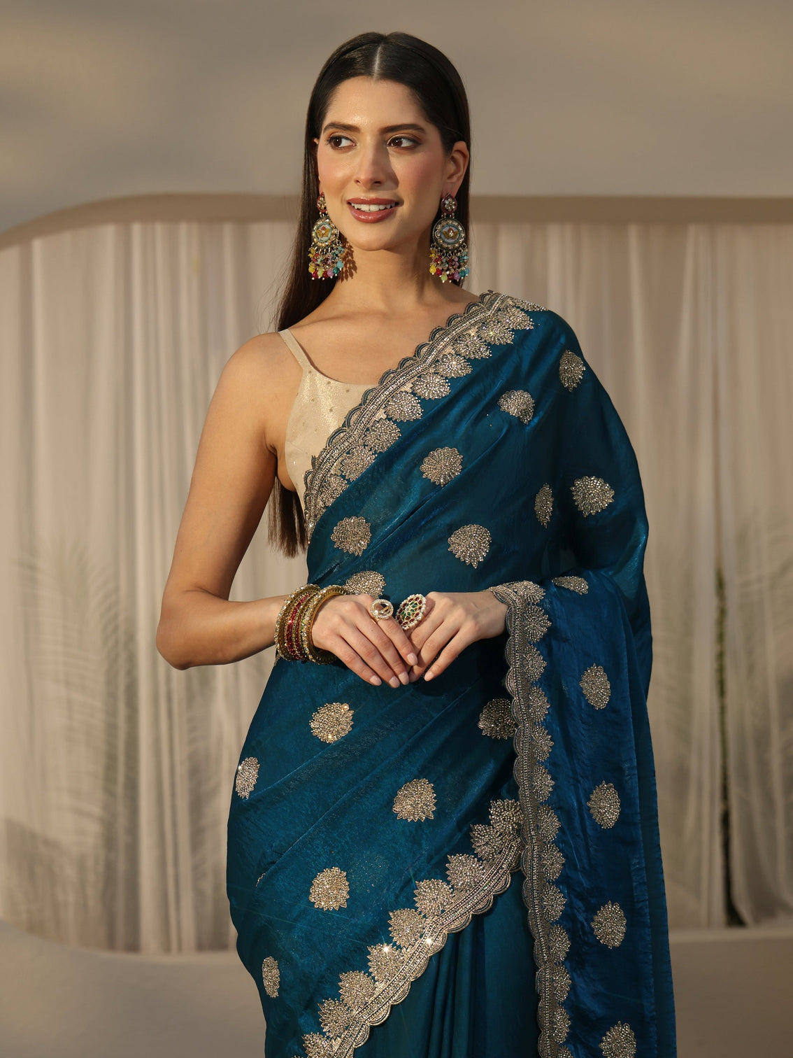 Mameraa Teal Blue Embroidered Tissue Saree