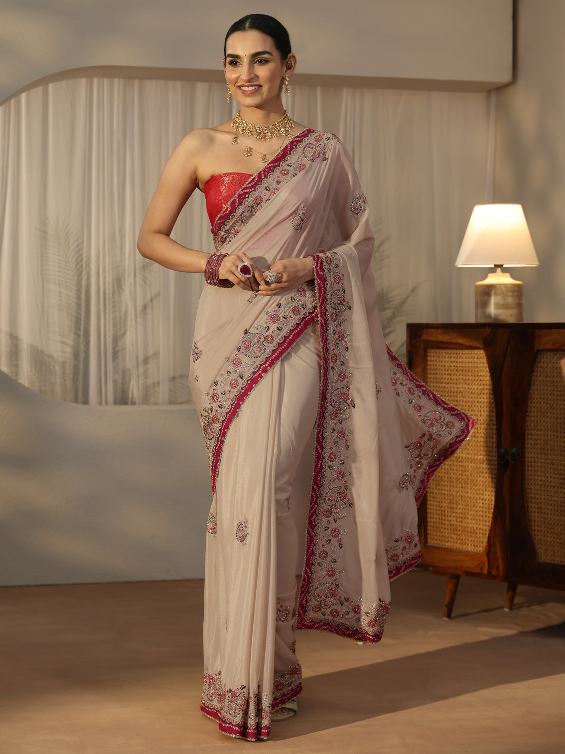 Mameraa Cream Floral Embroidered Tissue Saree