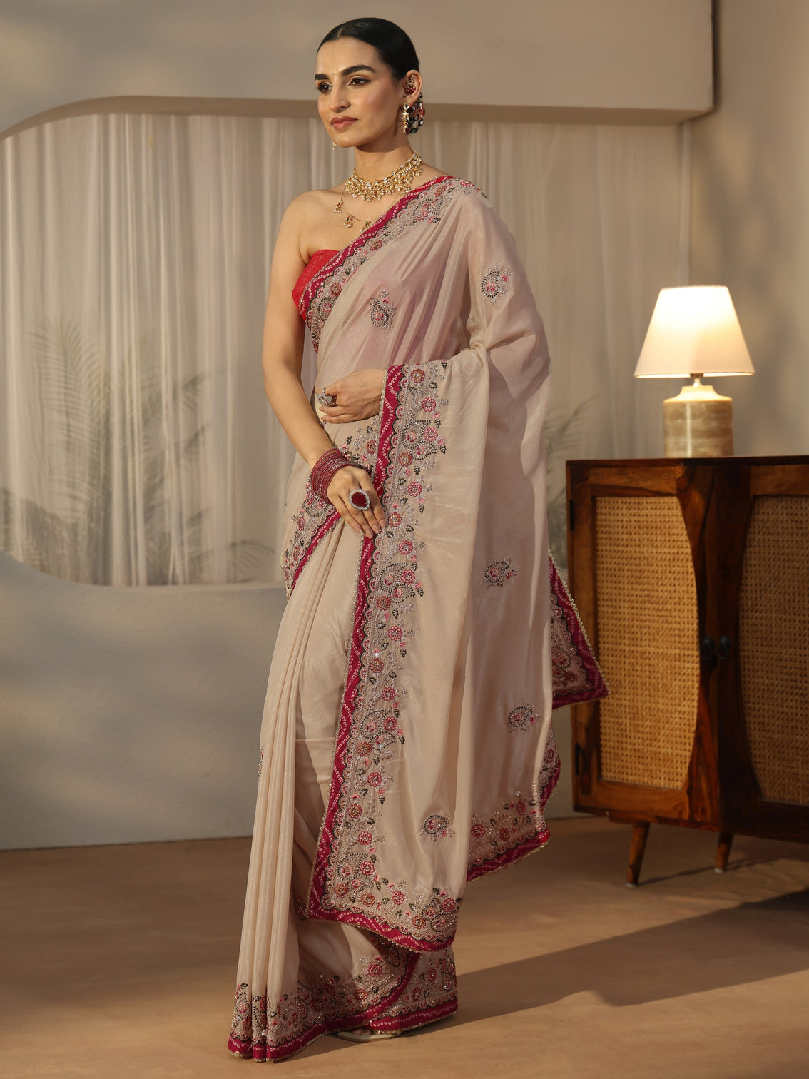 Mameraa Cream Floral Embroidered Tissue Saree