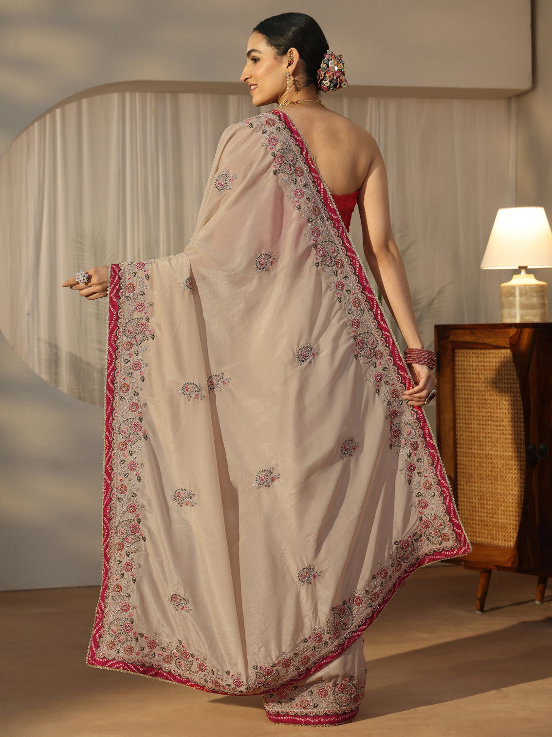 Mameraa Cream Floral Embroidered Tissue Saree