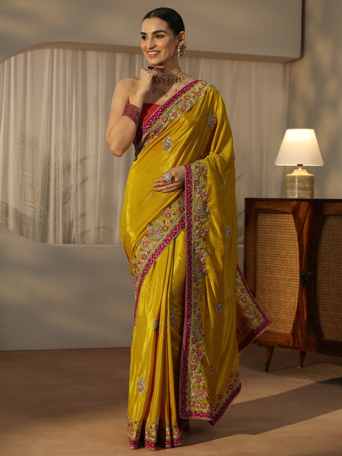 Mameraa Mustard Floral Embroidered Tissue Saree