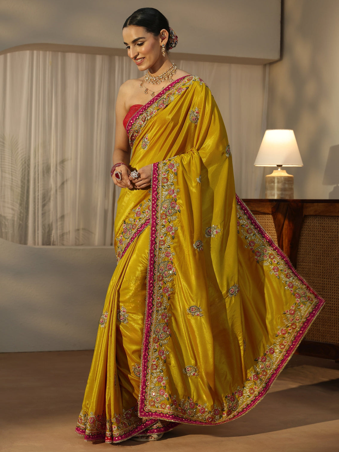 Mameraa Mustard Floral Embroidered Tissue Saree