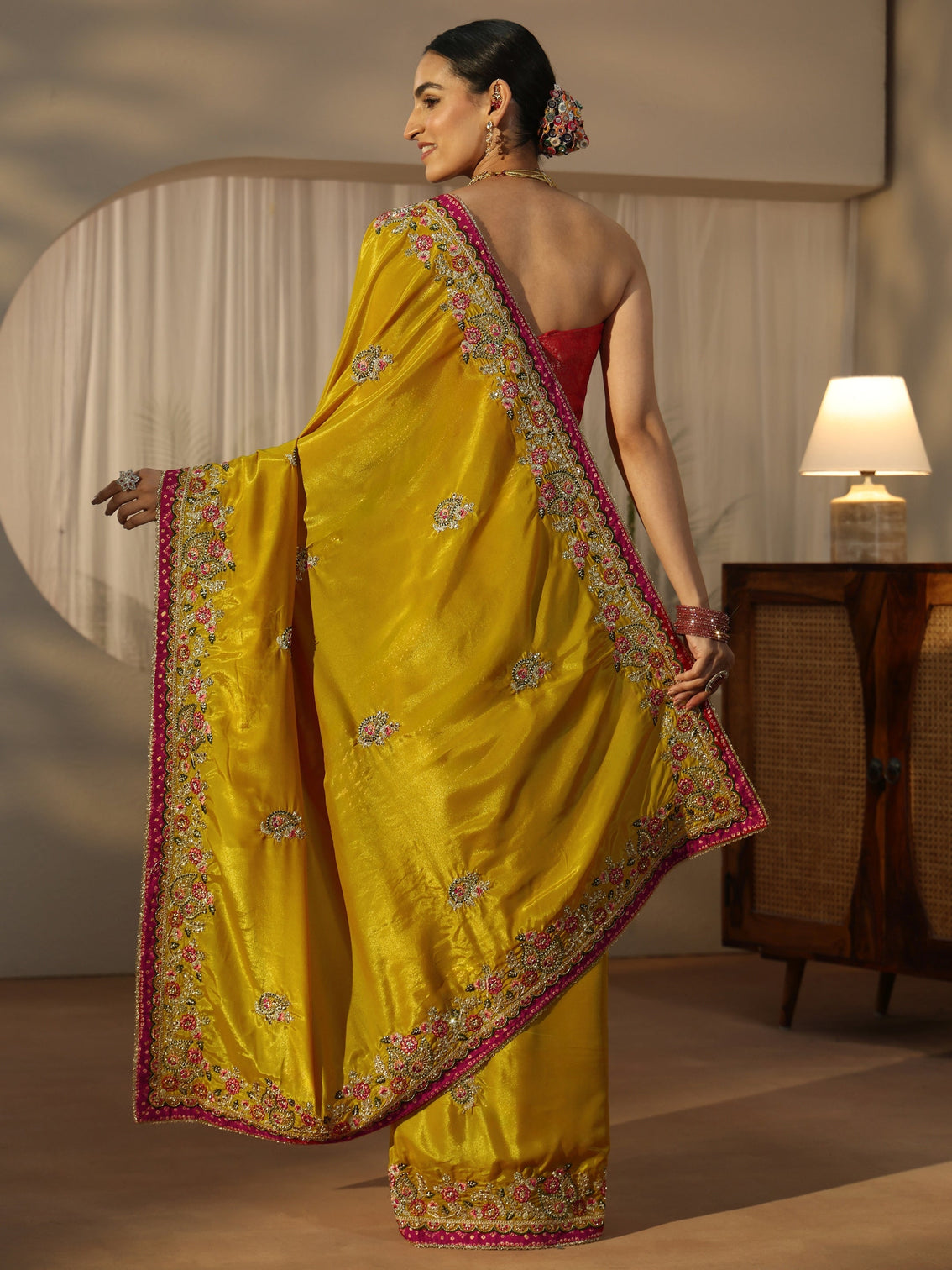 Mameraa Mustard Floral Embroidered Tissue Saree