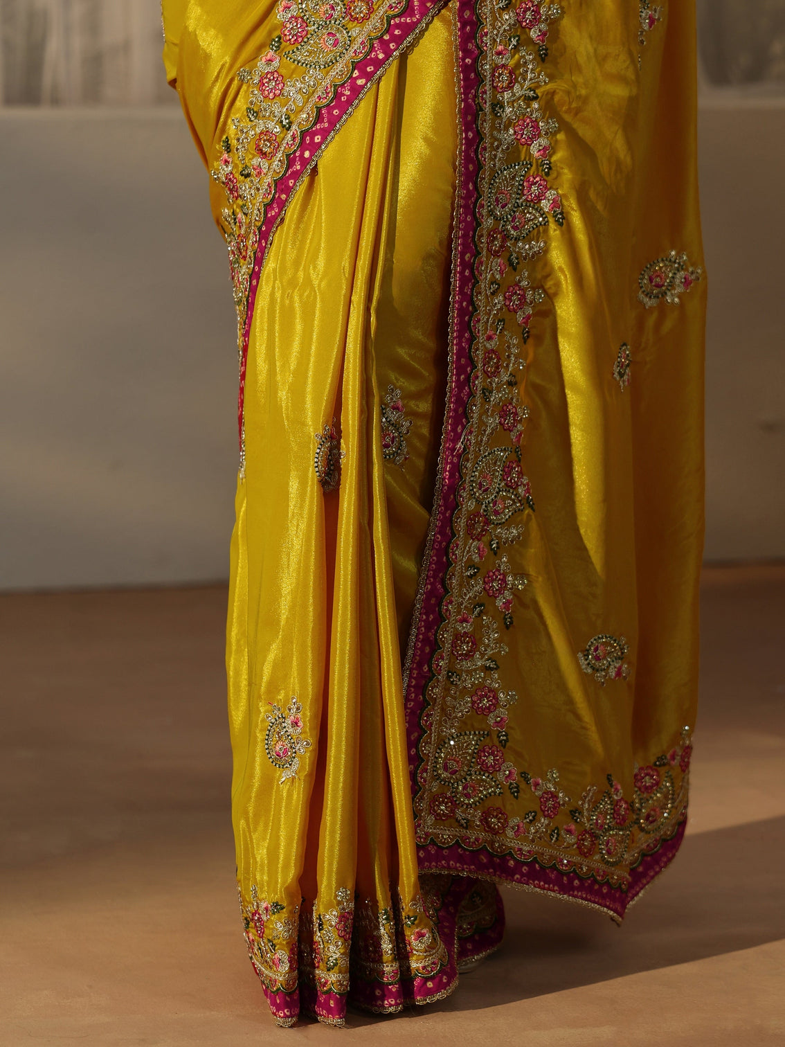 Mameraa Mustard Floral Embroidered Tissue Saree