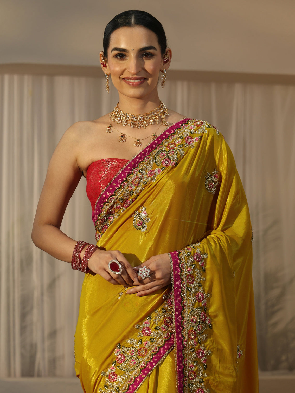 Mameraa Mustard Floral Embroidered Tissue Saree