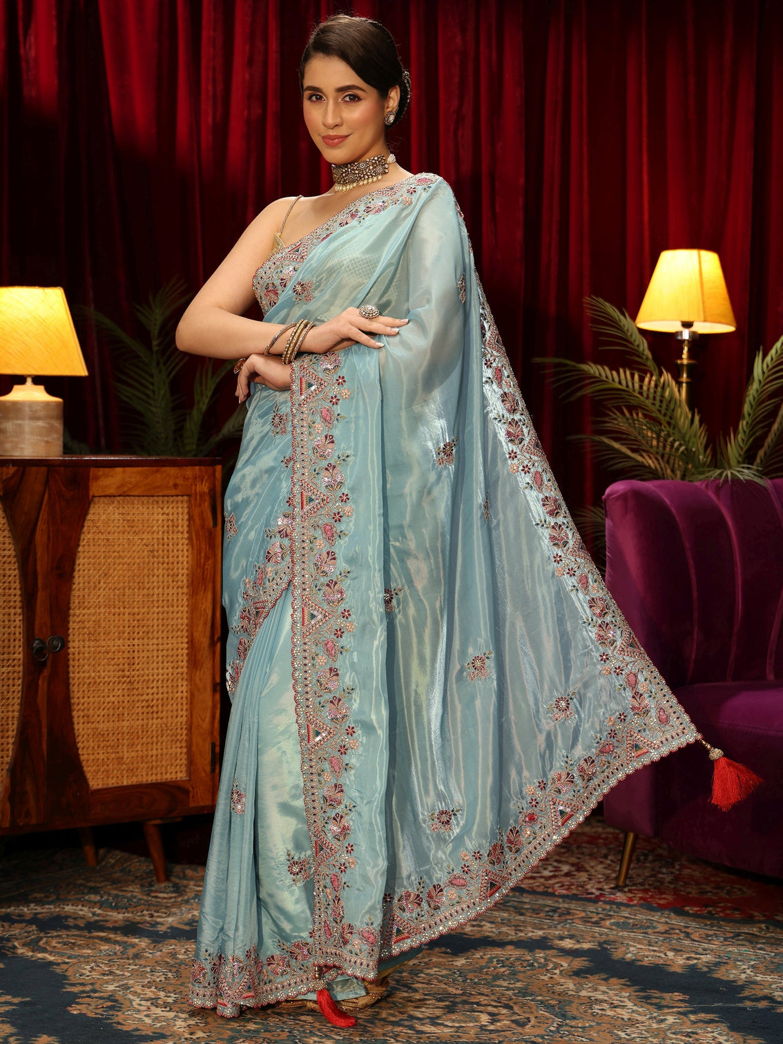 Mameraa Aqua Blue Floral Satin Saree with Embroidered Border