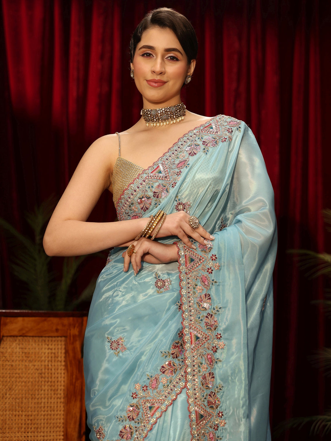 Mameraa Aqua Blue Floral Satin Saree with Embroidered Border