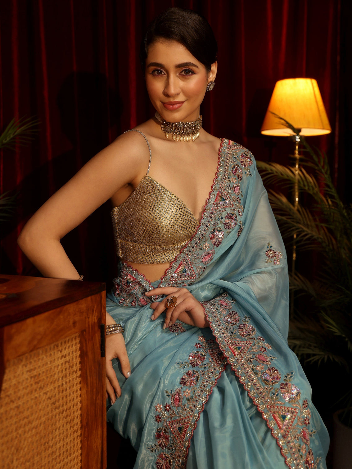 Mameraa Aqua Blue Floral Satin Saree with Embroidered Border