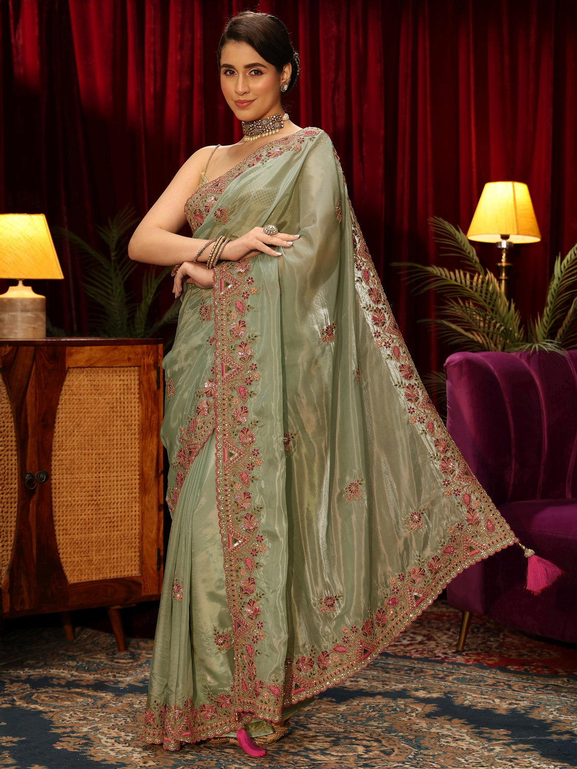 Mameraa Green Floral Satin Saree with Embroidered Border