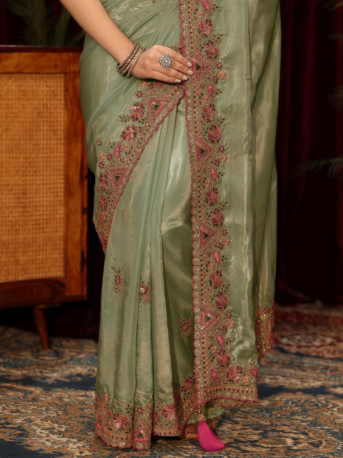 Mameraa Green Floral Satin Saree with Embroidered Border
