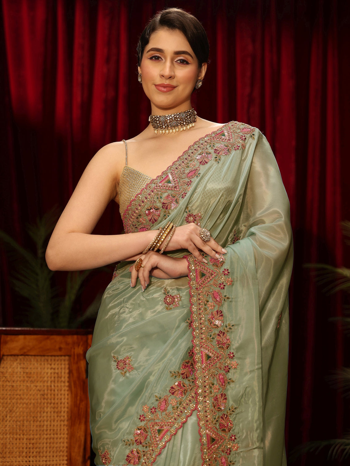 Mameraa Green Floral Satin Saree with Embroidered Border