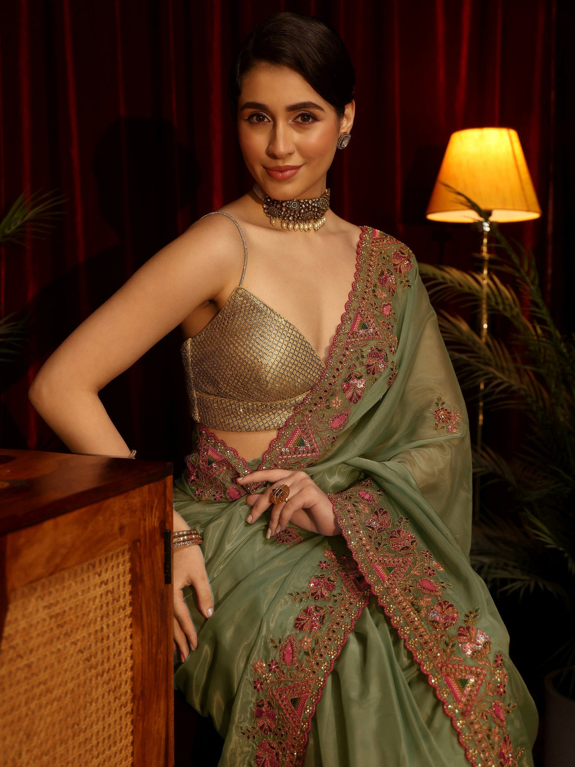 Mameraa Green Floral Satin Saree with Embroidered Border