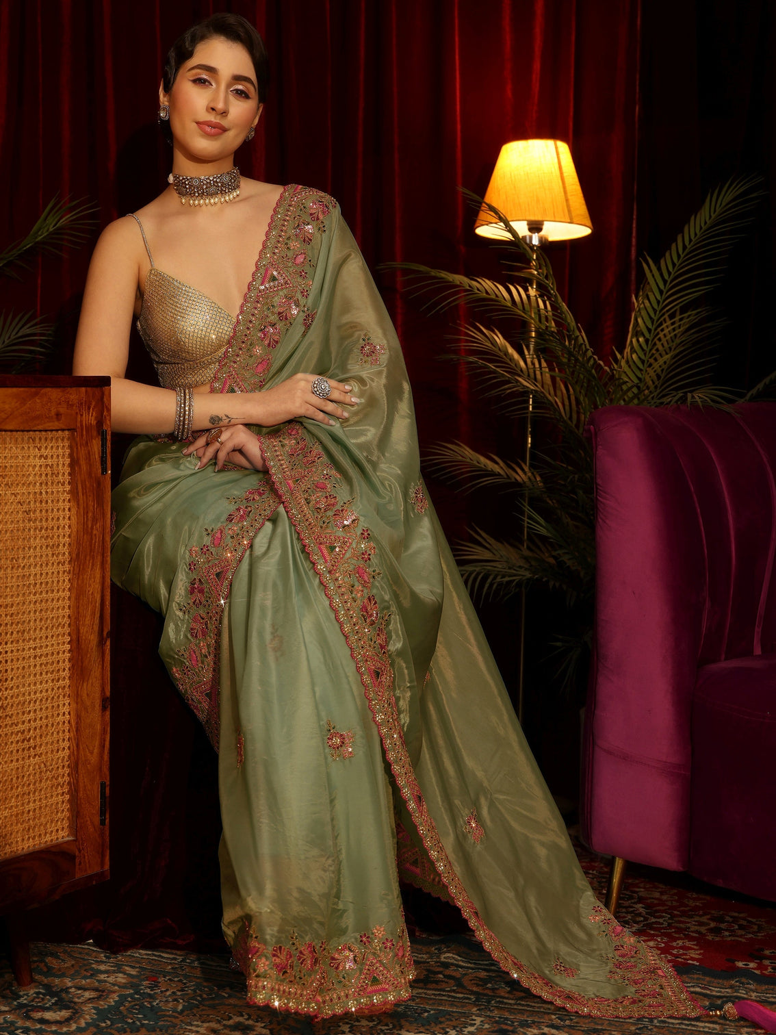 Mameraa Green Floral Satin Saree with Embroidered Border