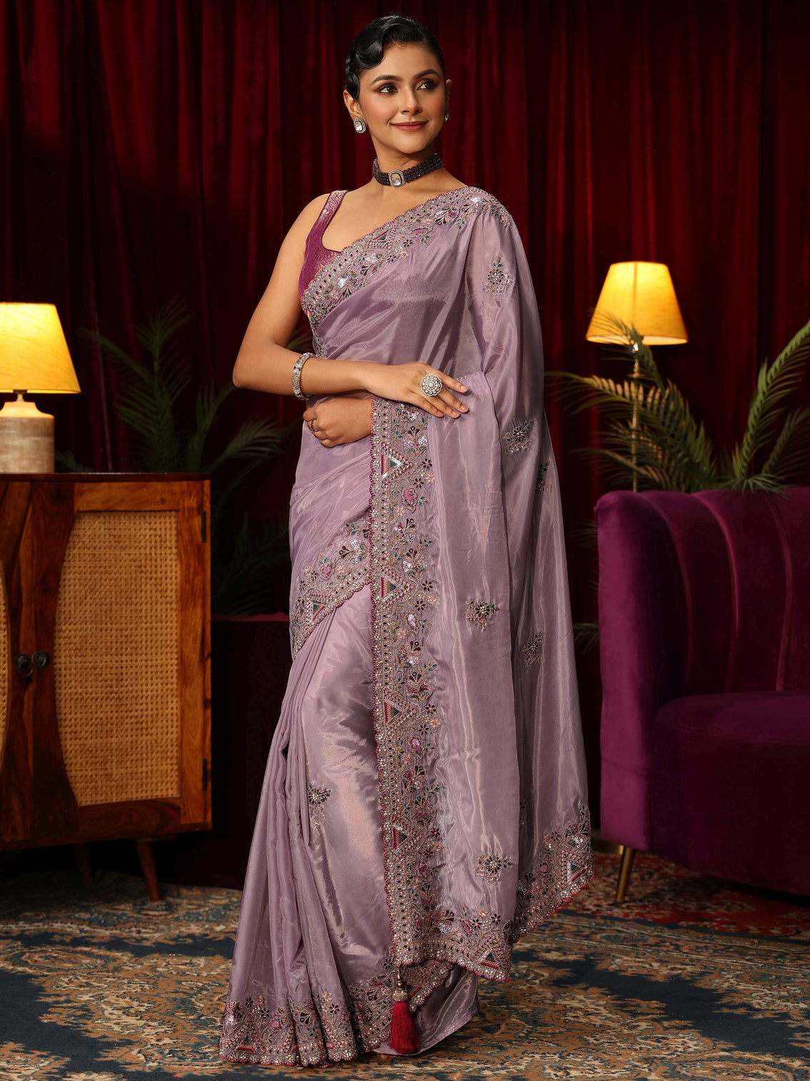Mameraa Lavender Floral Satin Saree with Embroidered Border