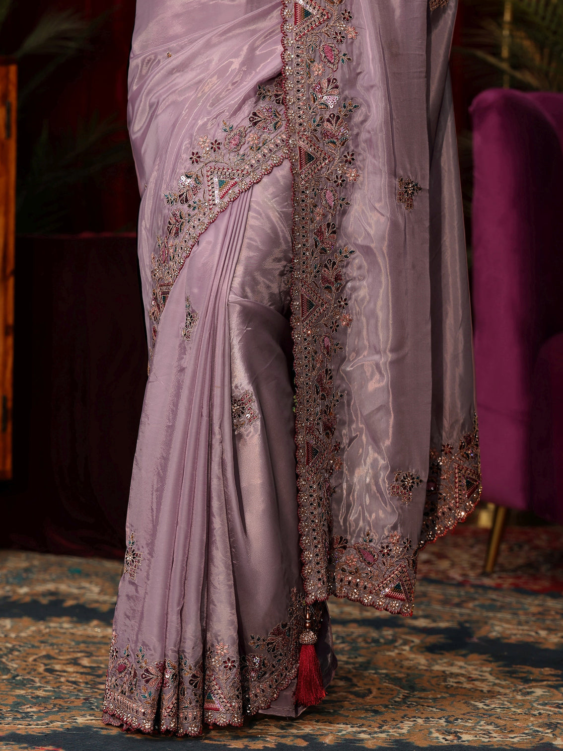 Mameraa Lavender Floral Satin Saree with Embroidered Border