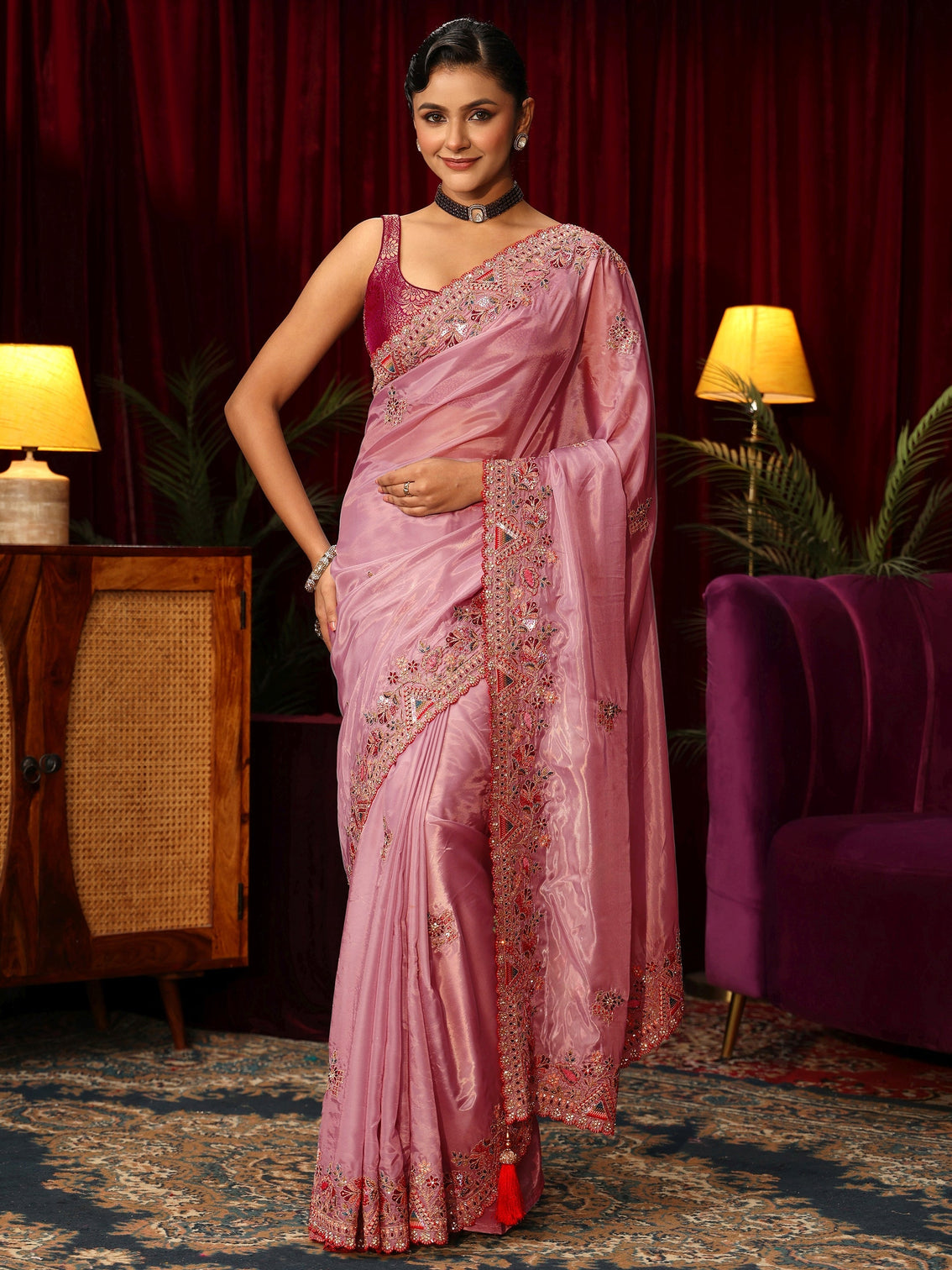 Mameraa Peach Floral Satin Saree with Embroidered Border