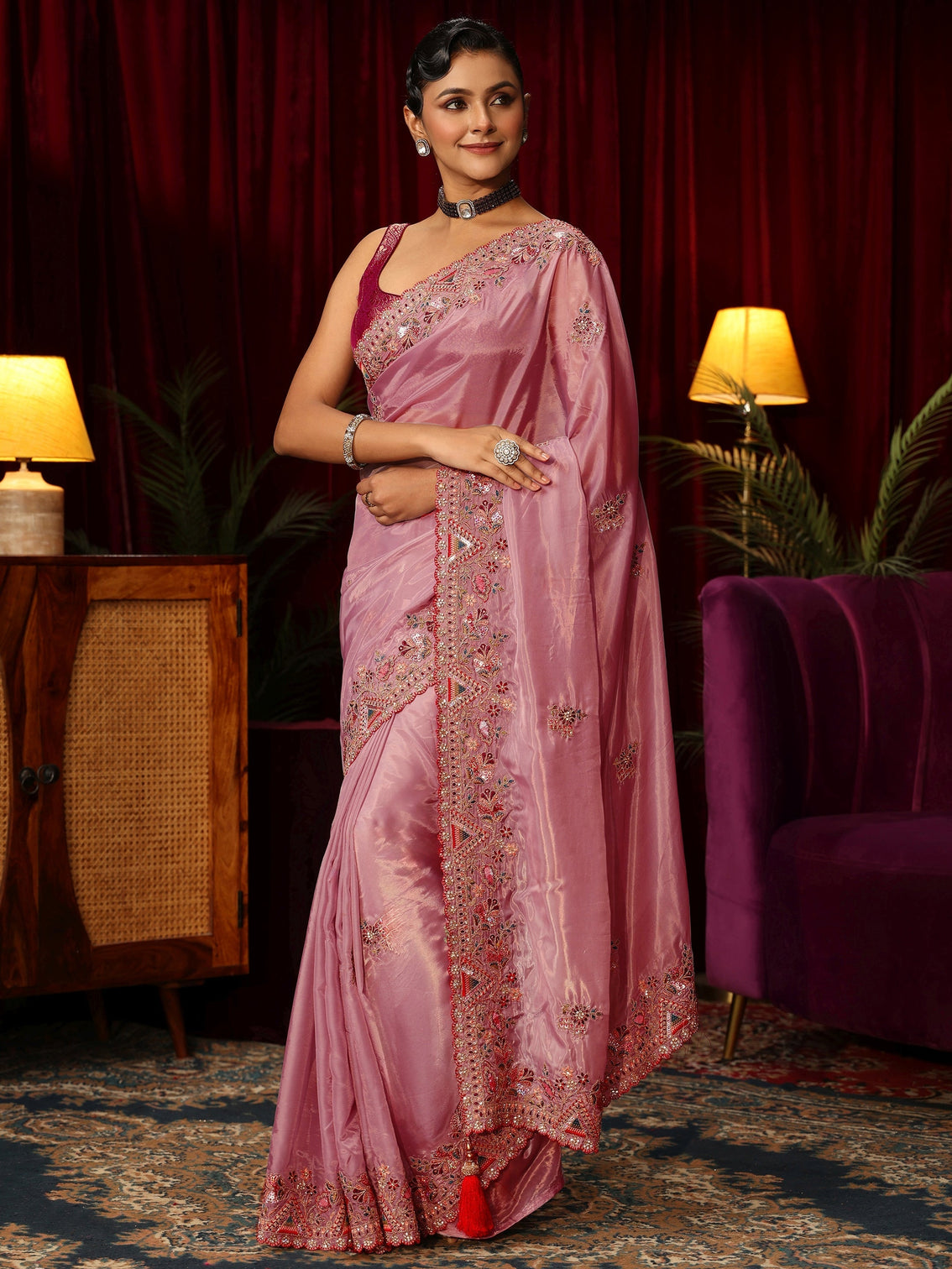 Mameraa Peach Floral Satin Saree with Embroidered Border