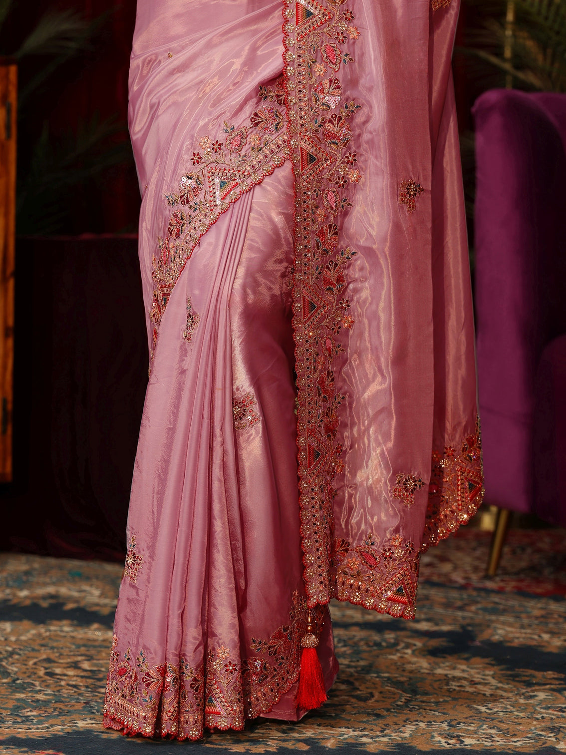 Mameraa Peach Floral Satin Saree with Embroidered Border