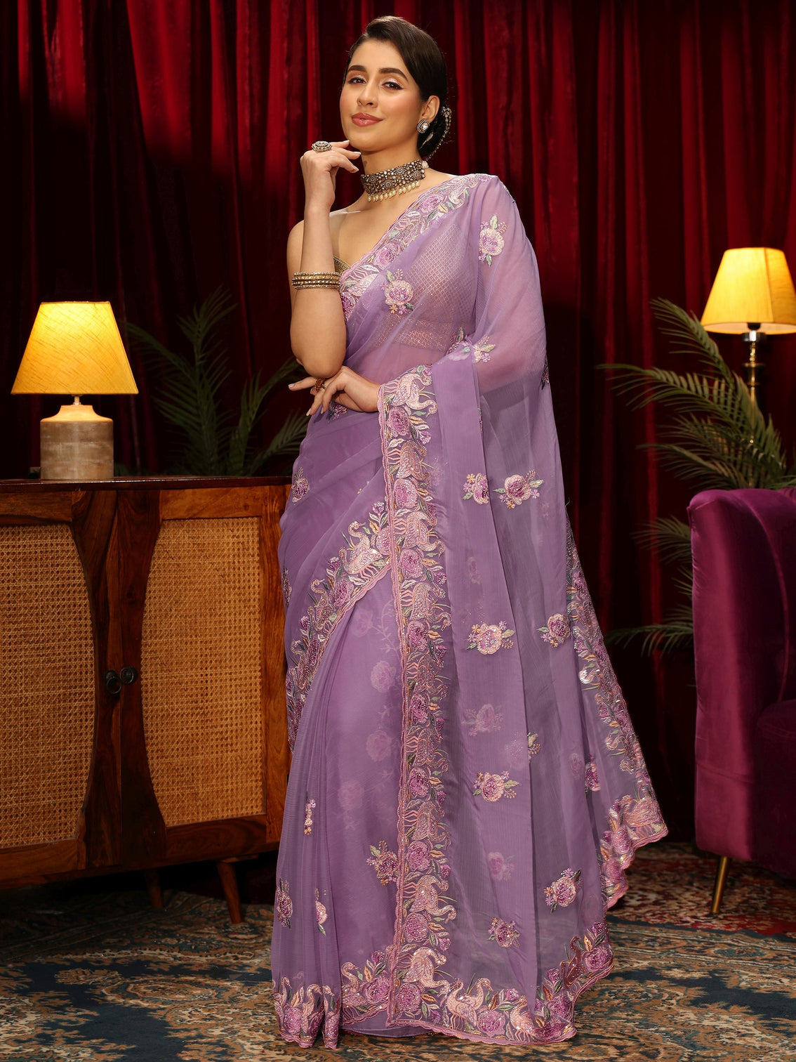 Mameraa Lilac Floral Embellished Tissue Saree