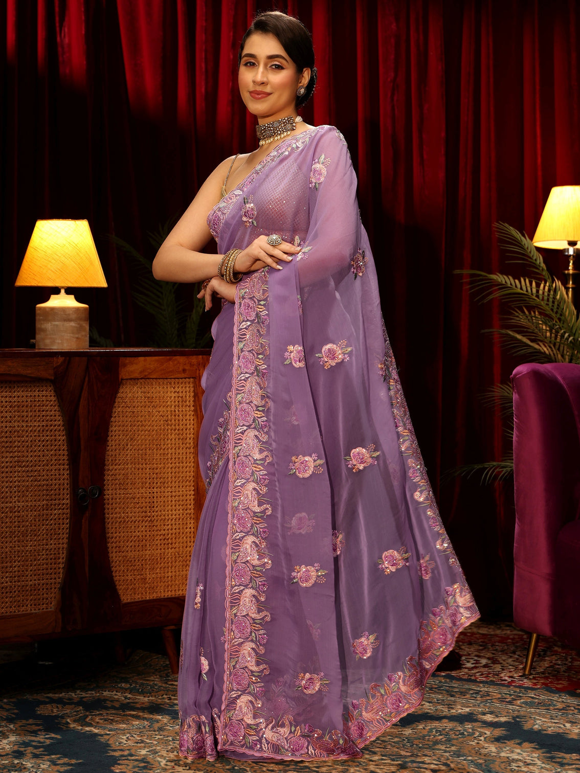 Mameraa Lilac Floral Embellished Tissue Saree