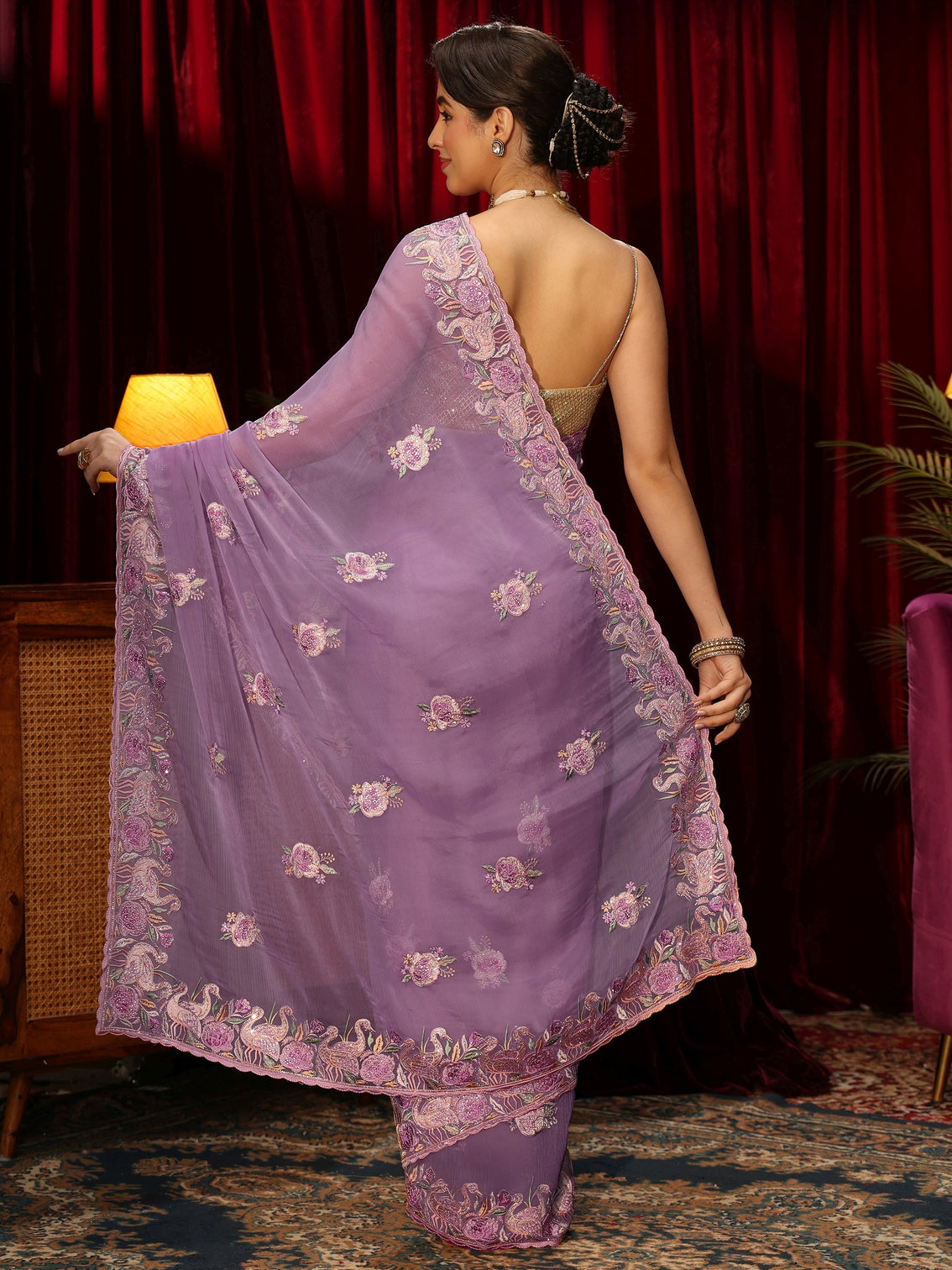 Mameraa Lilac Floral Embellished Tissue Saree