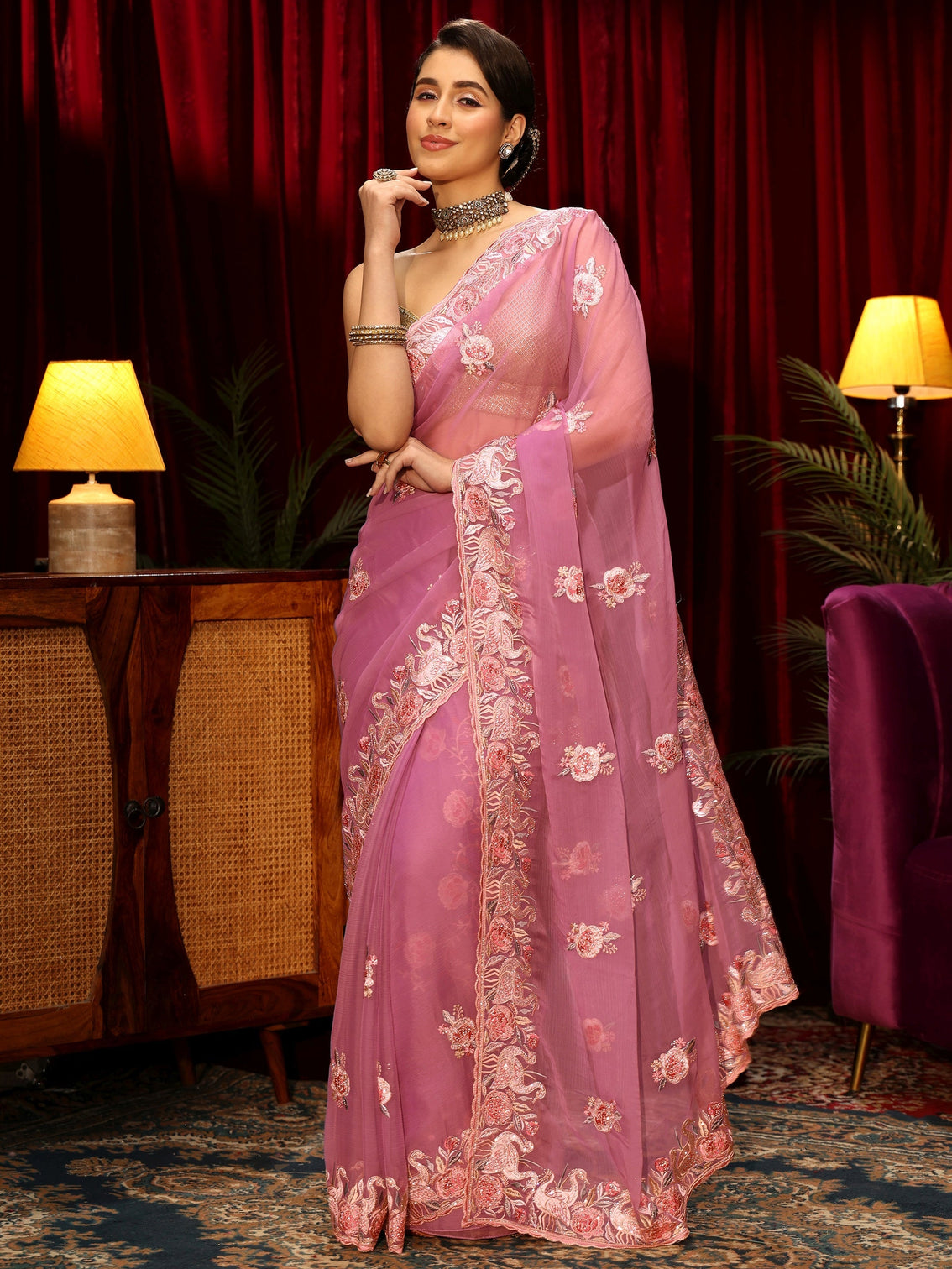 Mameraa Pink Floral Embellished Tissue Saree