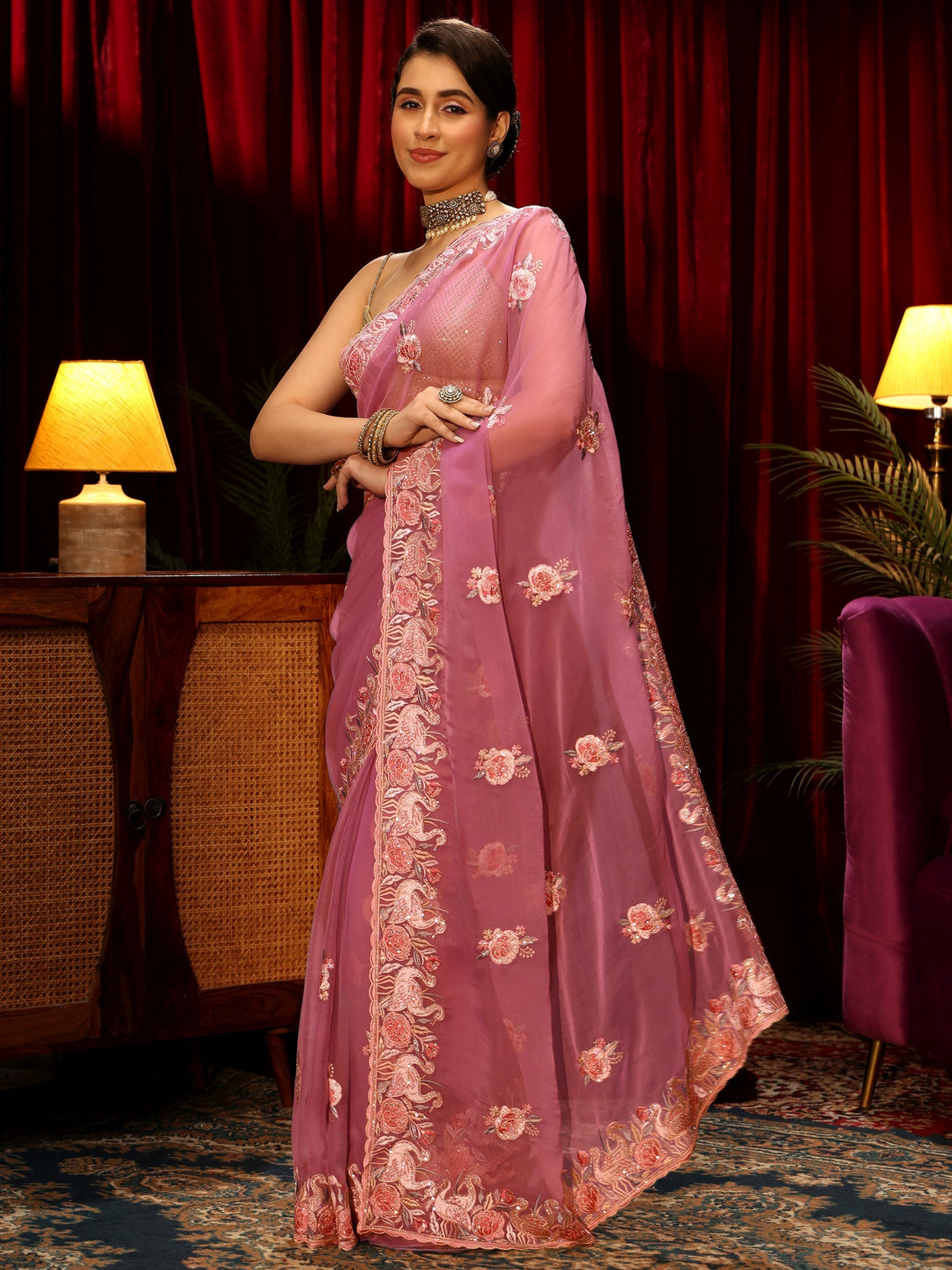 Mameraa Pink Floral Embellished Tissue Saree