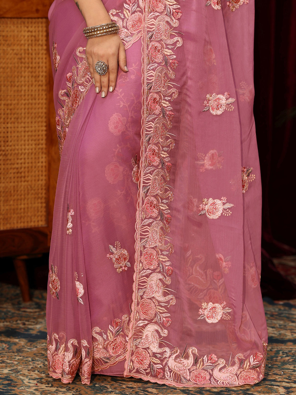 Mameraa Pink Floral Embellished Tissue Saree