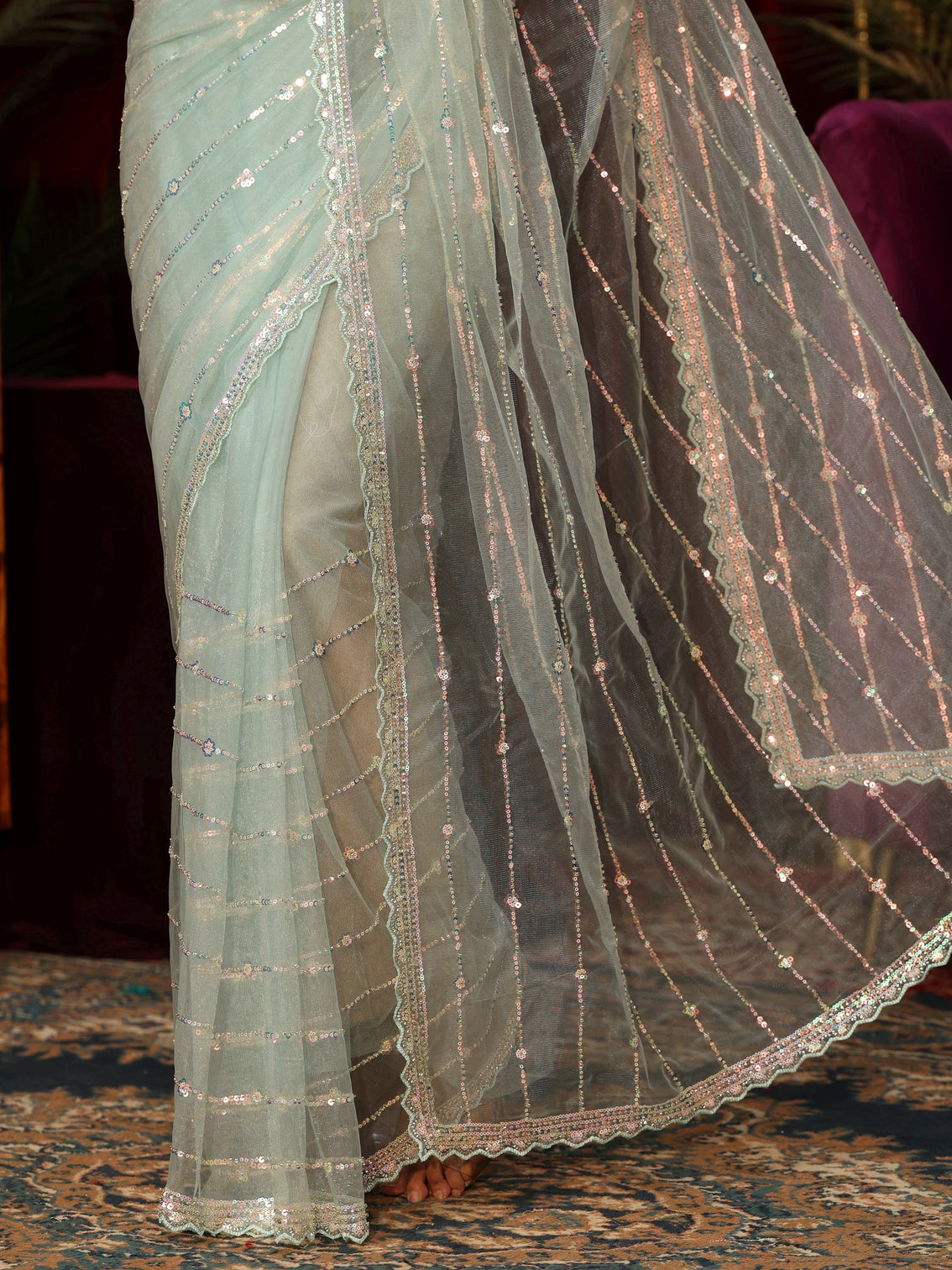 Mameraa Powder Blue Sequin Embellished Net Saree