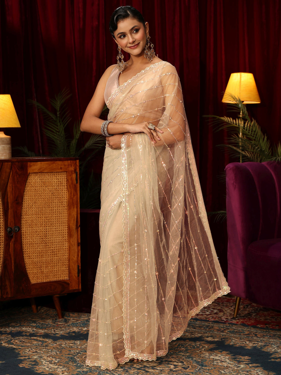 Mameraa Cream Sequin Embellished Net Saree