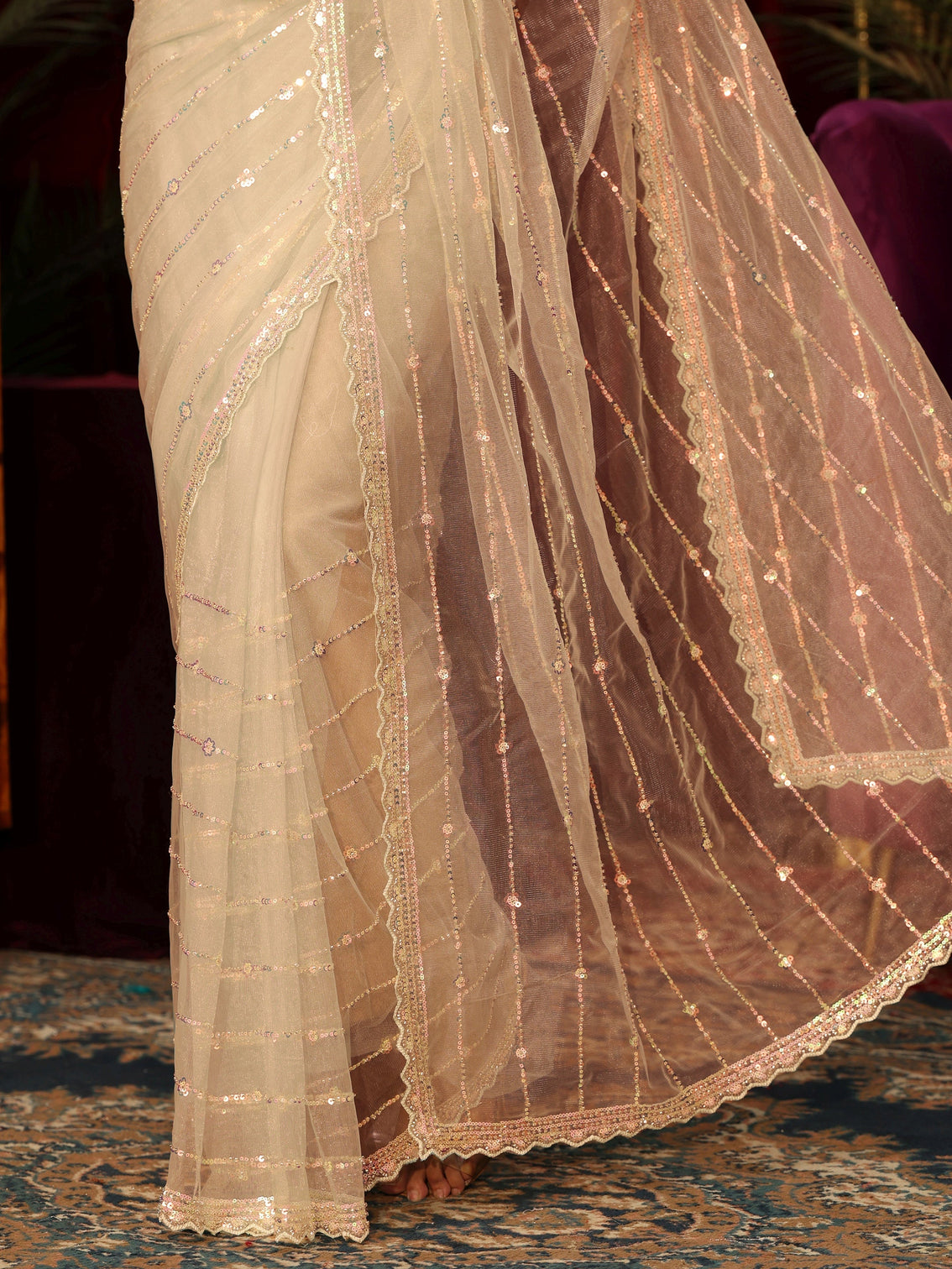 Mameraa Cream Sequin Embellished Net Saree
