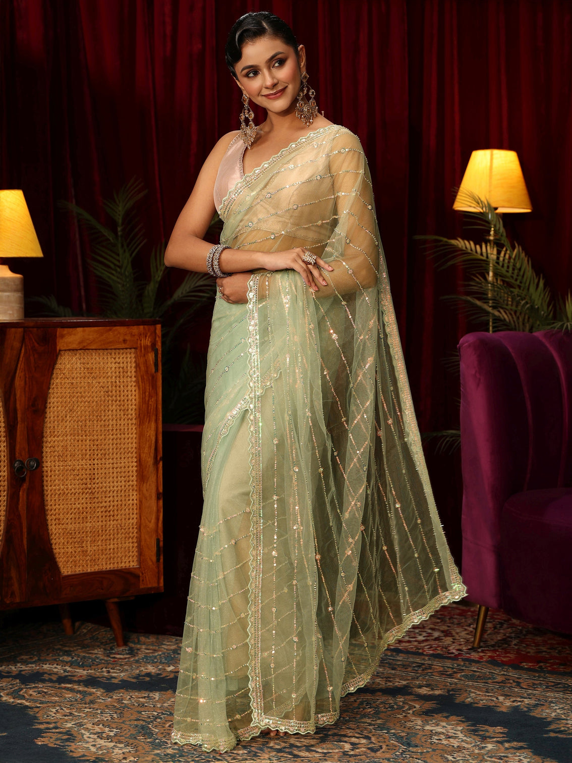 Mameraa Green Sequin Embellished Net Saree