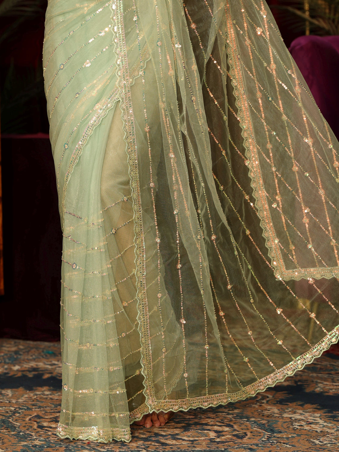 Mameraa Green Sequin Embellished Net Saree
