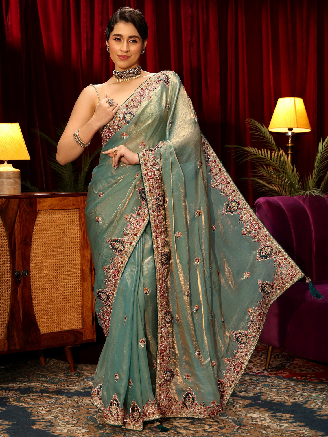 Mameraa Green Floral Embroidered Tissue Saree