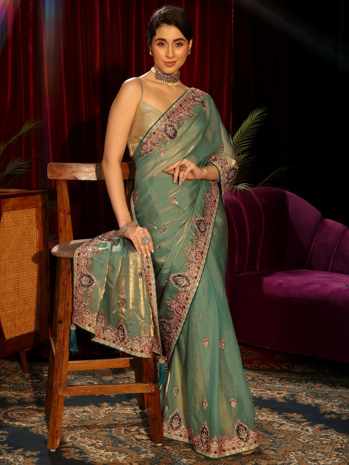 Mameraa Green Floral Embroidered Tissue Saree