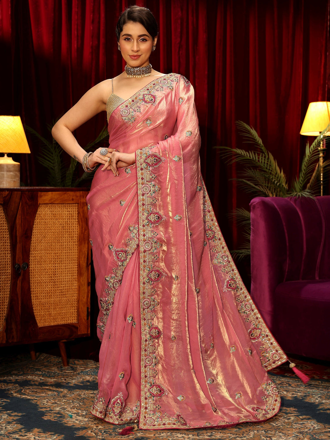 Mameraa Peach Floral Embroidered Tissue Saree