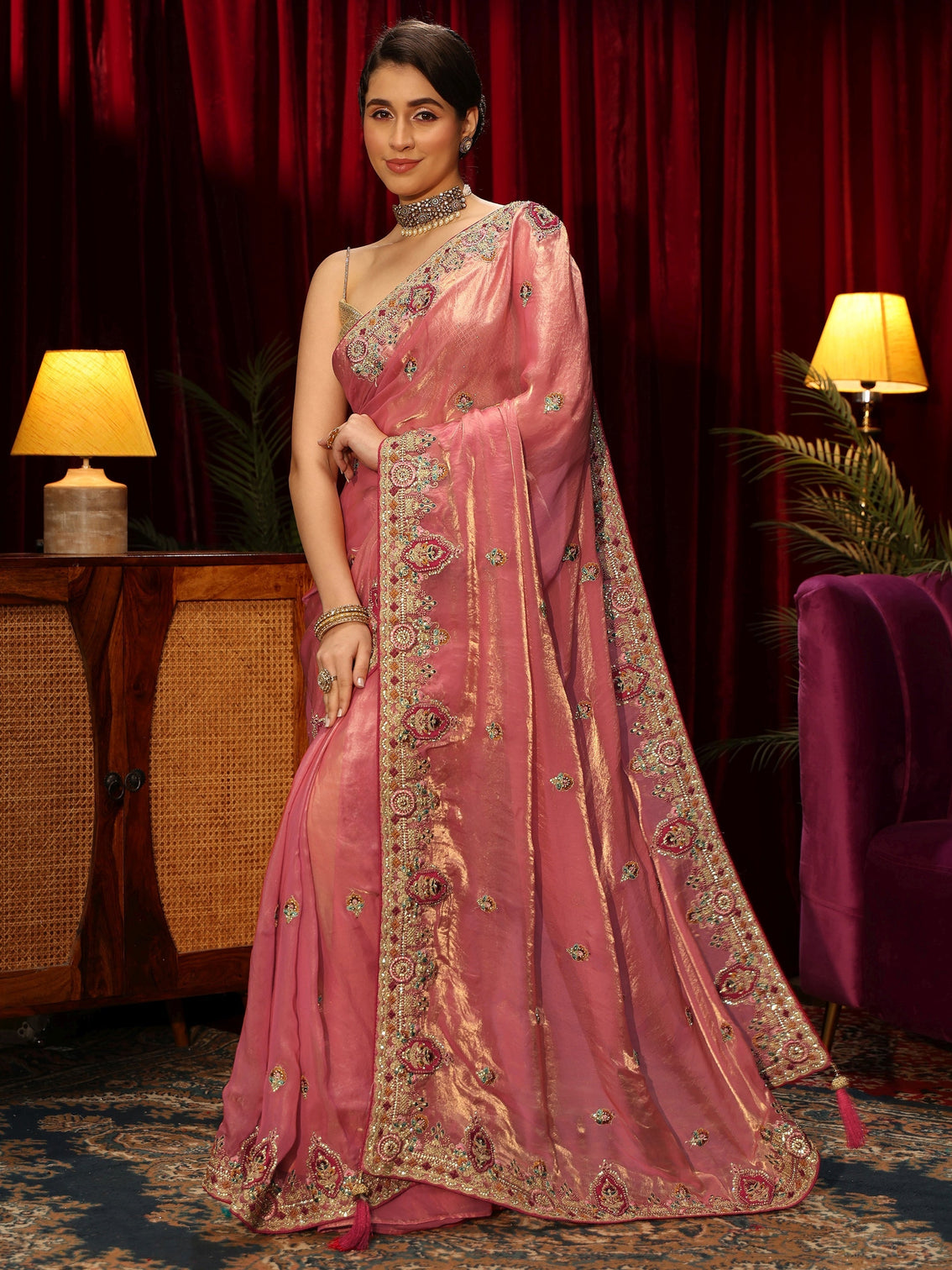 Mameraa Peach Floral Embroidered Tissue Saree