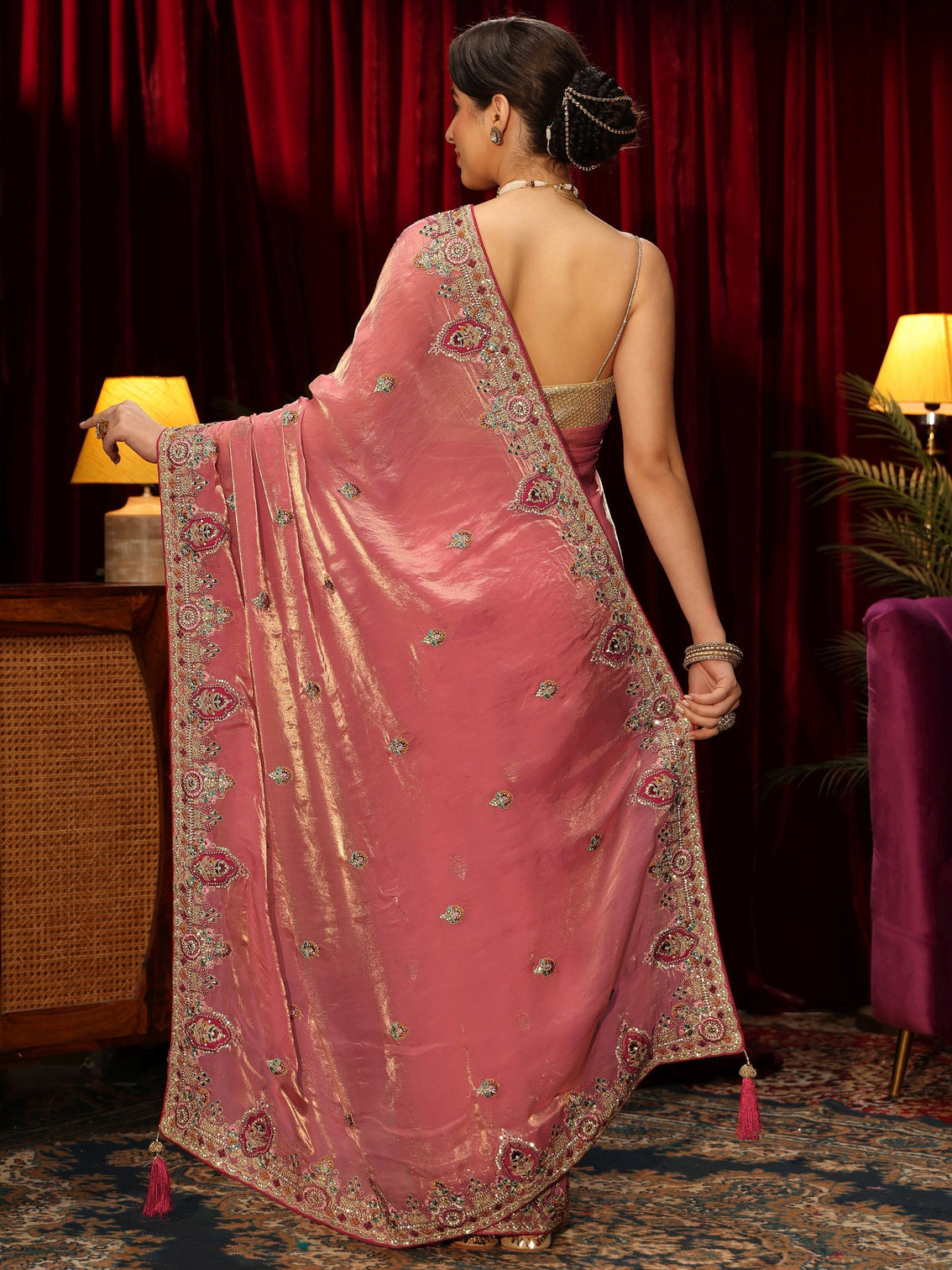 Mameraa Peach Floral Embroidered Tissue Saree