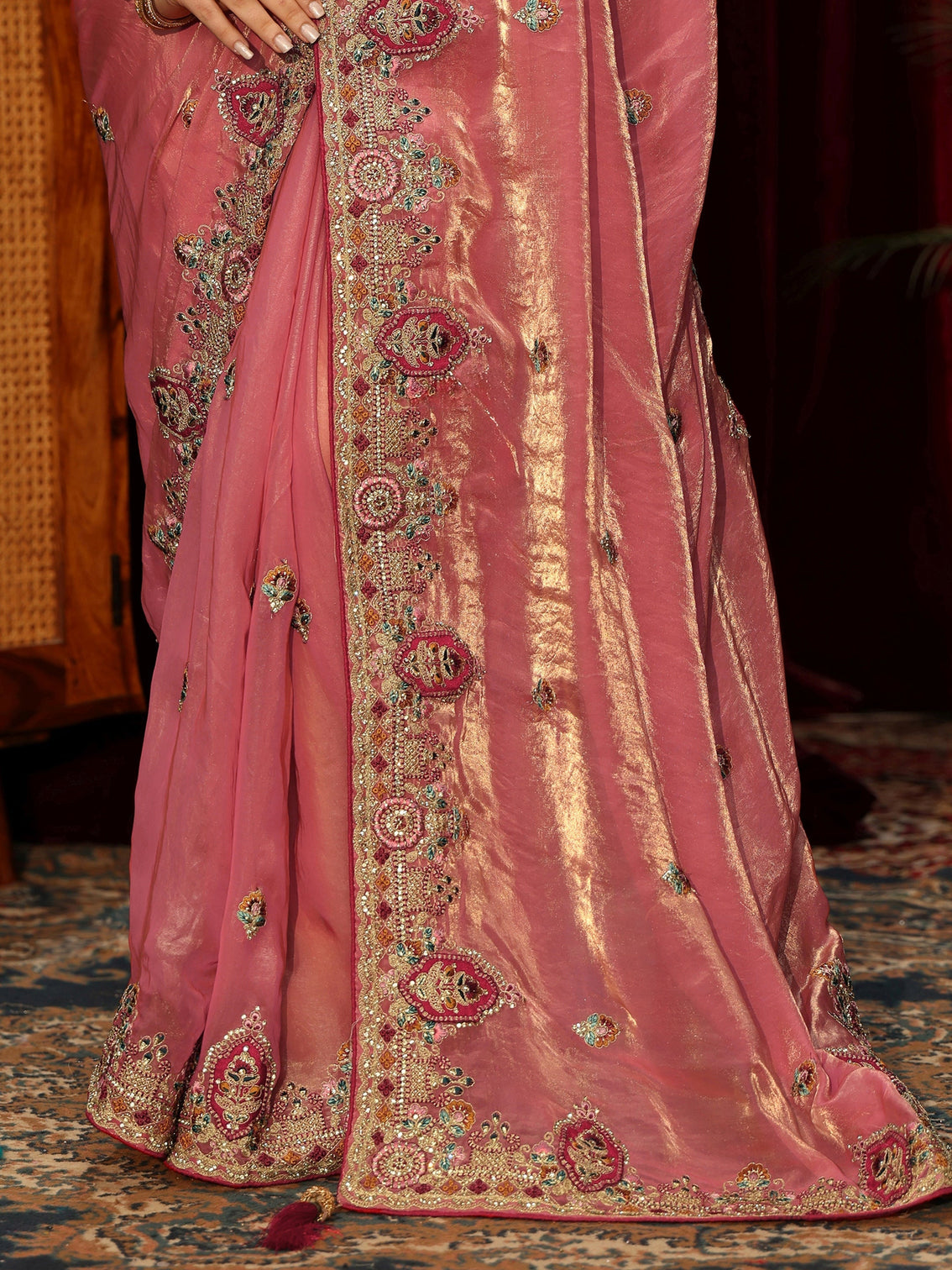 Mameraa Peach Floral Embroidered Tissue Saree
