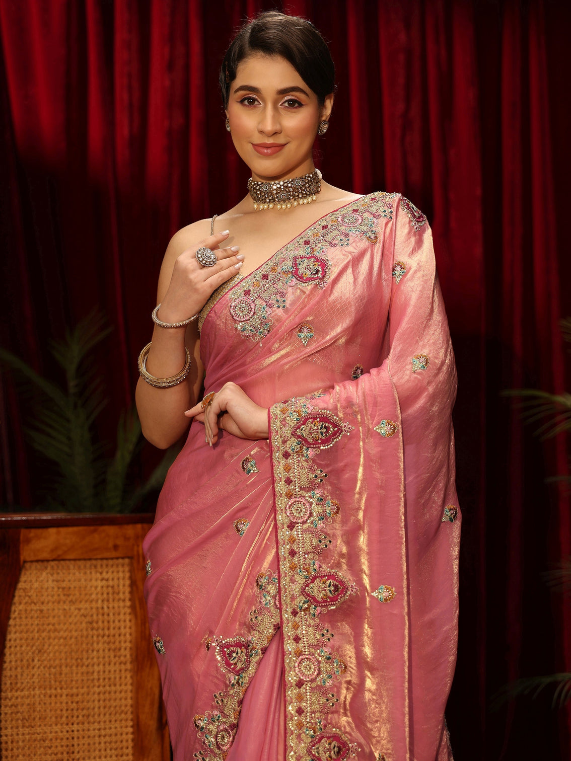 Mameraa Peach Floral Embroidered Tissue Saree