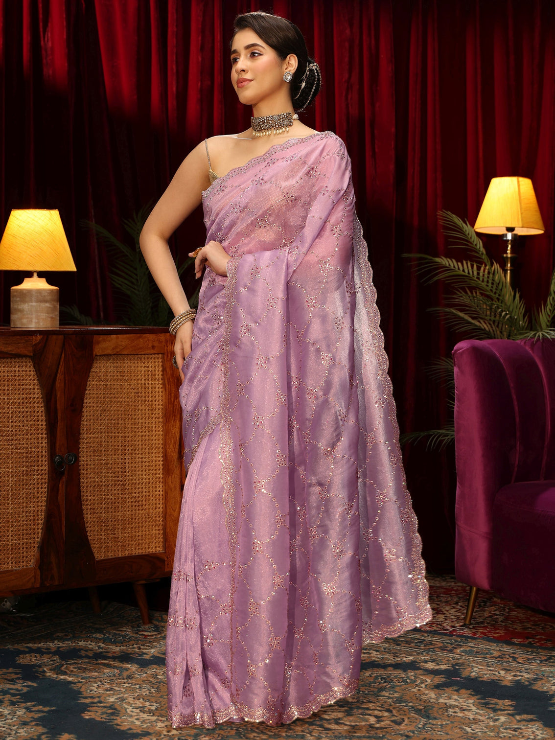 Mameraa Art Lavender Stone Work Tissue Saree