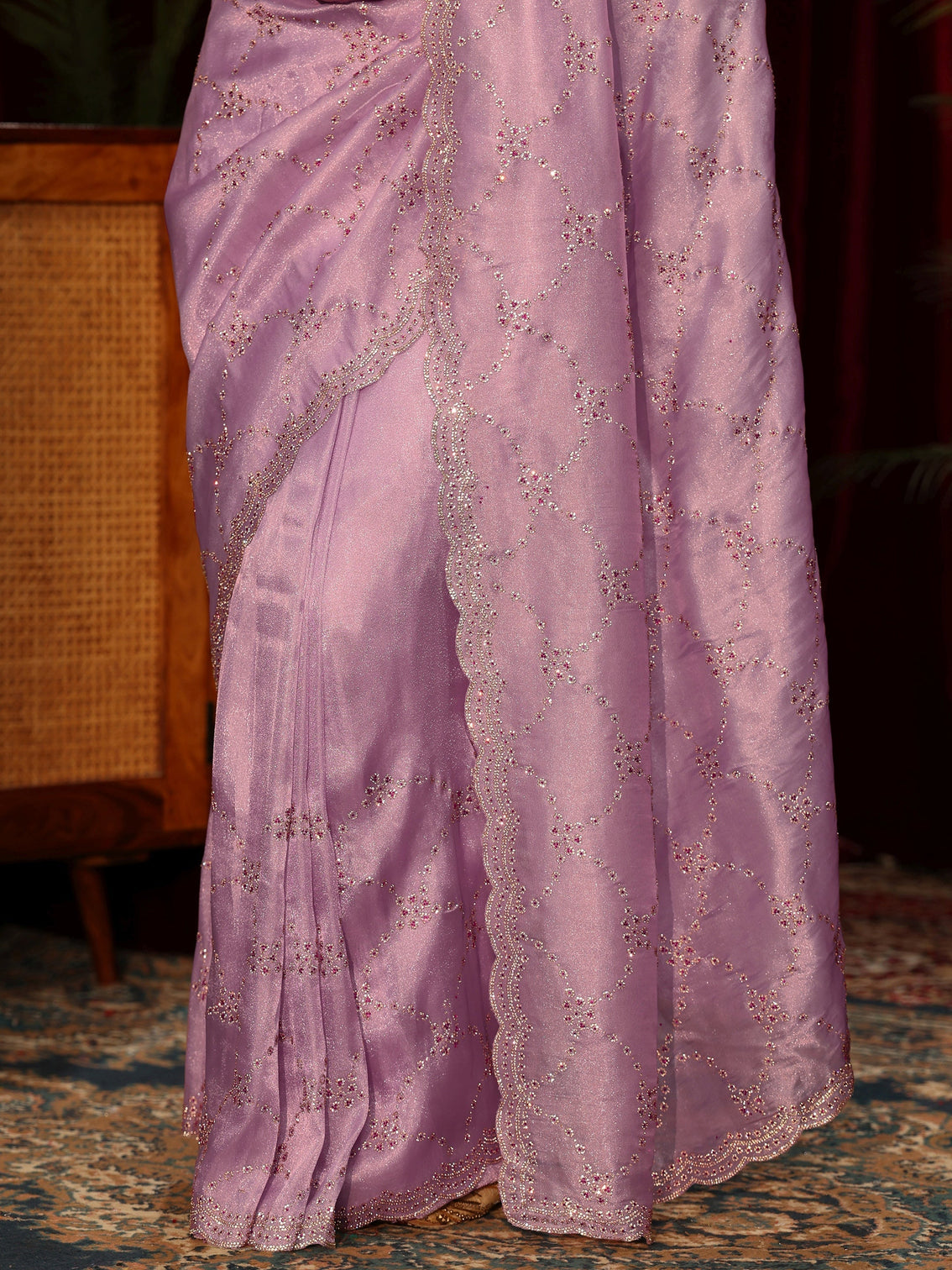 Mameraa Art Lavender Stone Work Tissue Saree