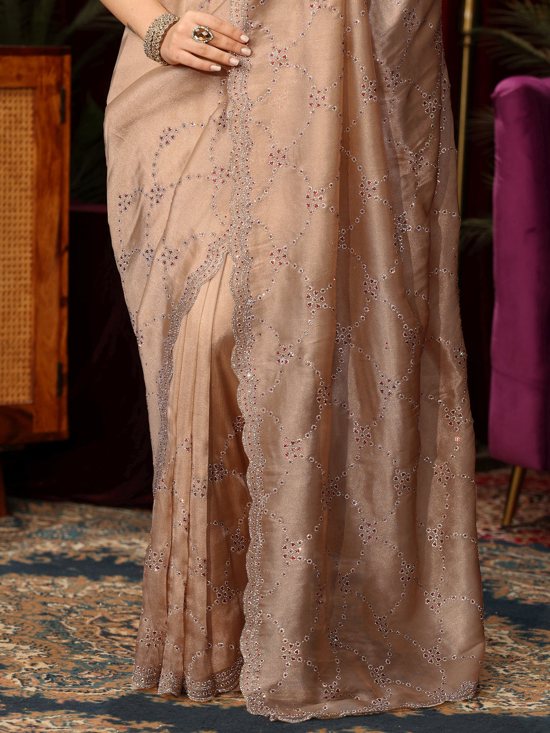 Mameraa Art Beige Floral Stone Work Tissue Saree