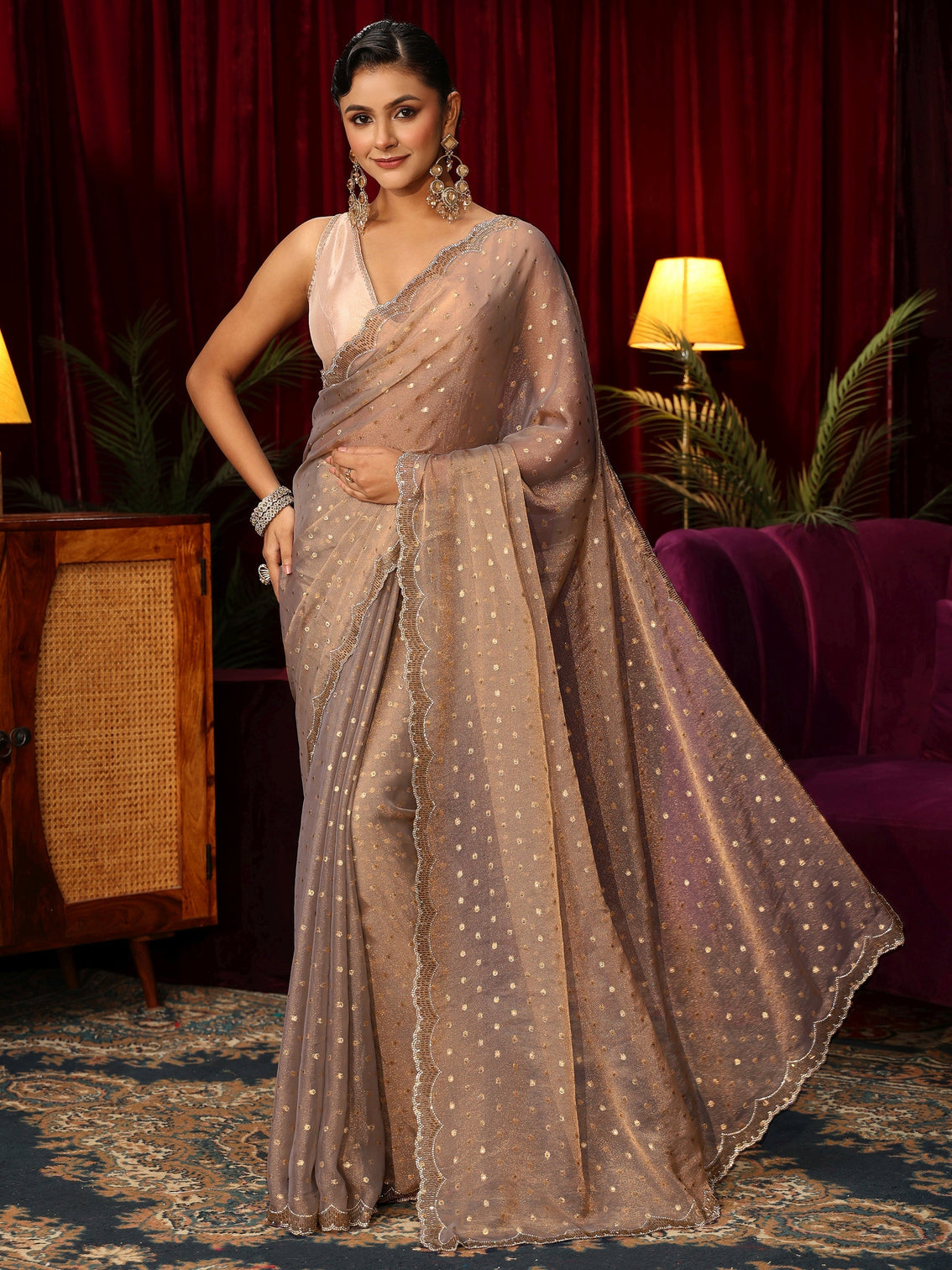 Mameraa Taupe Tissue Saree with Embellished Border
